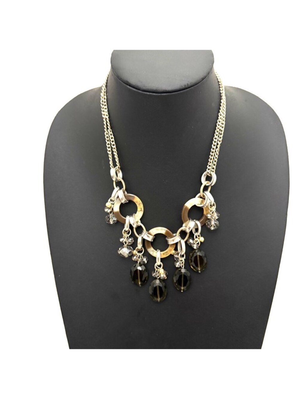 Loft Necklace Smoky Quartz Beaded Donut Statement Silver Tone 17 to 20 inches